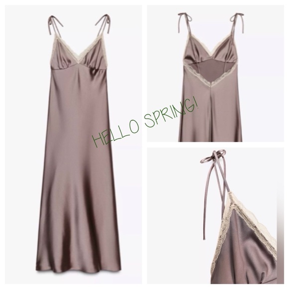 NWT🔥 ZARA Satin Lace Midi Dress - Picture 3 of 3